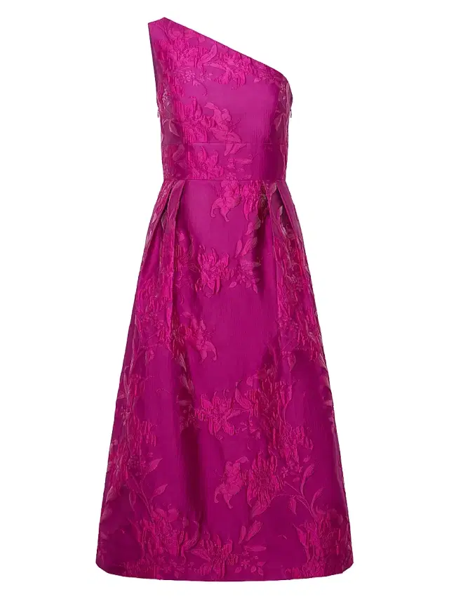 Kay Unger Women's Dorrit Floral Jacquard One-Shoulder Tea-Length Dress - Vivid Berry