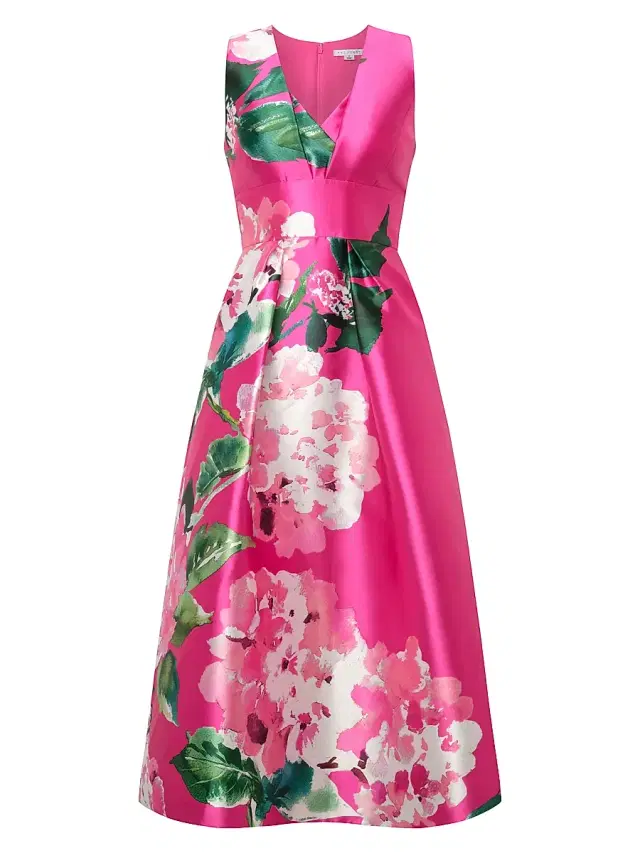 Kay Unger Women's Raina Hydrangea Tea-Length Dress - Spring Pink