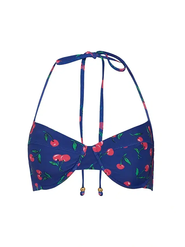 Shoshanna Women's Cherry-Printed Bra Halter Bikini Top - Navy Red Green