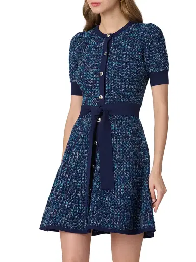 Shoshanna Women's Harriet Tweed Belted Minidress - Blue Melange | Thumbnail 3 Shoshanna Women's Harriet Tweed Belted Minidress - Blue Melange | Thumbnail 3