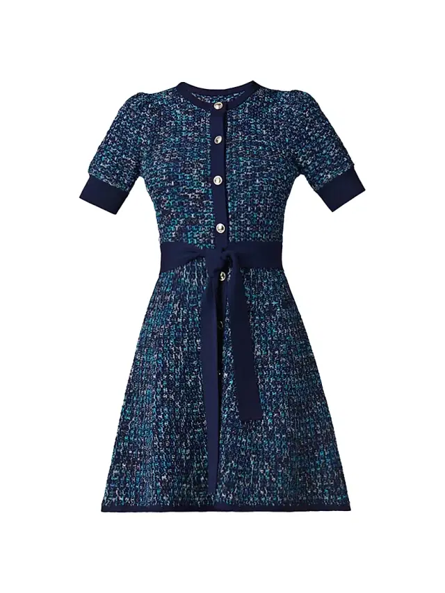 Shoshanna Women's Harriet Tweed Belted Minidress - Blue Melange