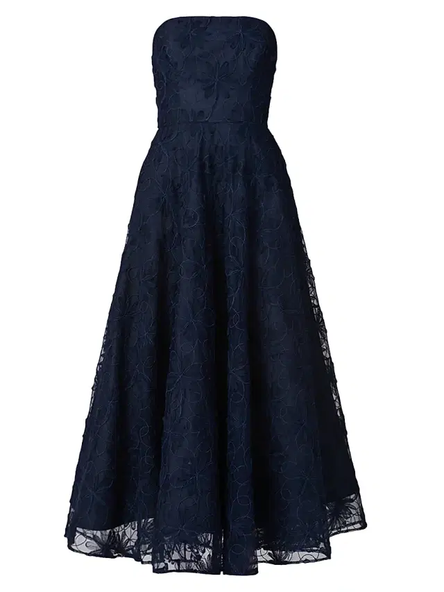 Shoshanna Women's McCall Floral Embroidered Strapless Tea-Length Dress - Navy