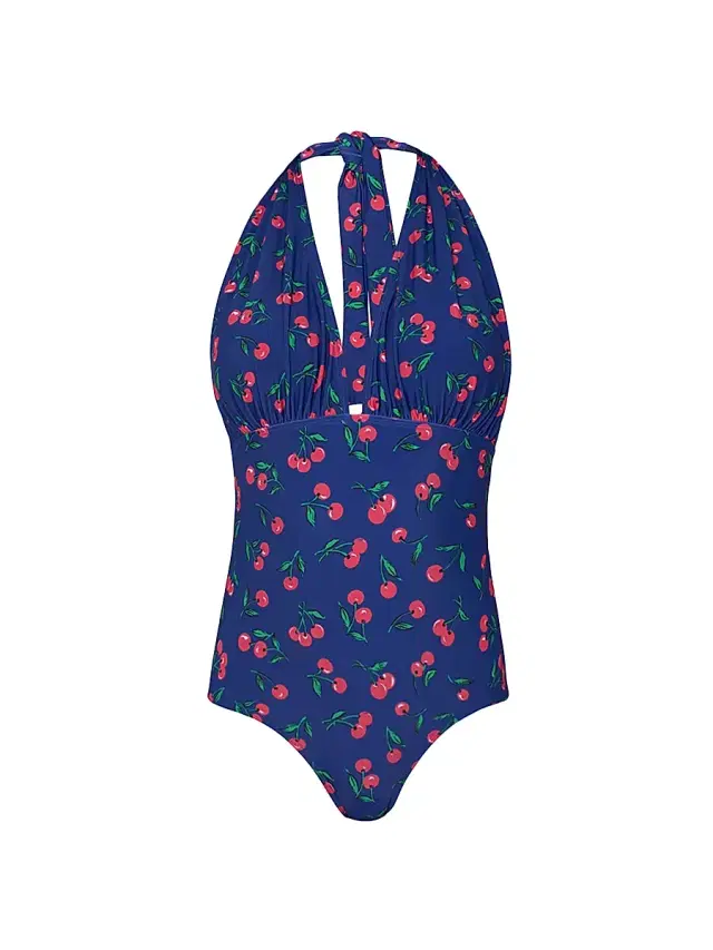 Shoshanna Women's Cherry Print Halterneck One-Piece Swimsuit - Navy Red Green