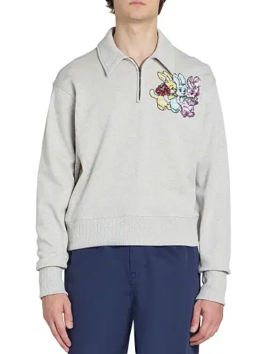 KENZO Men's Chapman Cartoon-Embroidered Half-Zip Sweatshirt - Pale Grey - Size XL | Thumbnail 3