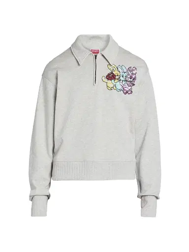 KENZO Men's Chapman Cartoon-Embroidered Half-Zip Sweatshirt - Pale Grey - Size XL | Thumbnail 1