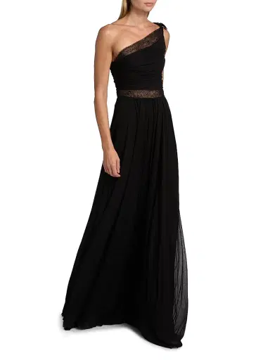 Giambattista Valli Women's One-Shoulder Lace-Trim Ruched Jersey Gown - Black - Size 00 | Thumbnail 2 Giambattista Valli Women's One-Shoulder Lace-Trim Ruched Jersey Gown - Black - Size 00 | Thumbnail 2