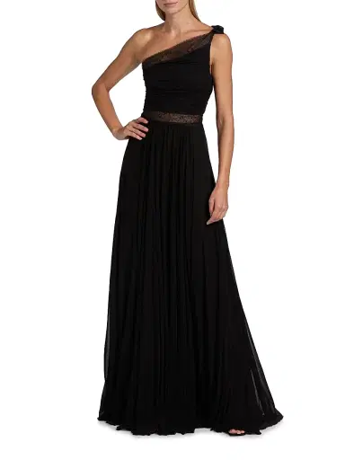 Giambattista Valli Women's One-Shoulder Lace-Trim Ruched Jersey Gown - Black - Size 00 | Thumbnail 3 Giambattista Valli Women's One-Shoulder Lace-Trim Ruched Jersey Gown - Black - Size 00 | Thumbnail 3