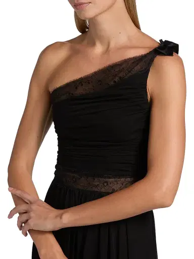Giambattista Valli Women's One-Shoulder Lace-Trim Ruched Jersey Gown - Black - Size 00 | Thumbnail 6 Giambattista Valli Women's One-Shoulder Lace-Trim Ruched Jersey Gown - Black - Size 00 | Thumbnail 6