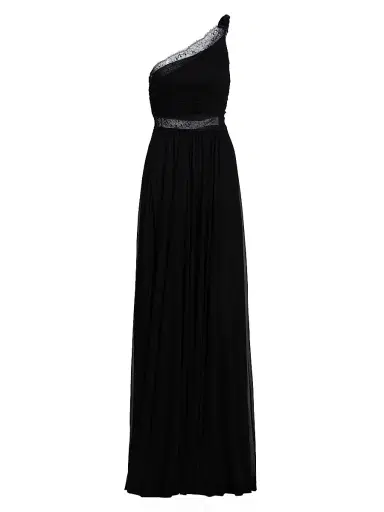 Giambattista Valli Women's One-Shoulder Lace-Trim Ruched Jersey Gown - Black - Size 00 | Thumbnail 1 Giambattista Valli Women's One-Shoulder Lace-Trim Ruched Jersey Gown - Black - Size 00 | Thumbnail 1