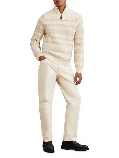 Reiss Men's Claus Fair Isle-Inspired Half-Zip Sweater - Winter White Oatmeal - Size XL | Thumbnail 2