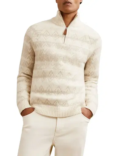 Reiss Men's Claus Fair Isle-Inspired Half-Zip Sweater - Winter White Oatmeal - Size XL | Thumbnail 3