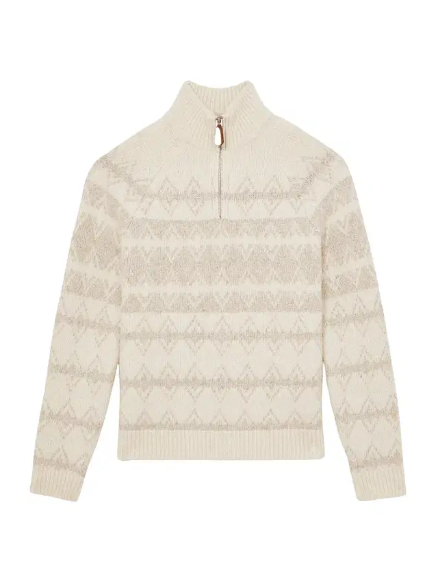 Reiss Men's Claus Fair Isle-Inspired Half-Zip Sweater - Winter White Oatmeal - Size XL