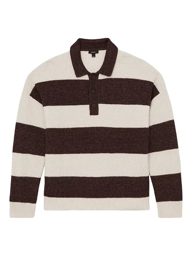 Reiss Men's Horice Striped Knit Polo Sweater - Choclate Brown Off White