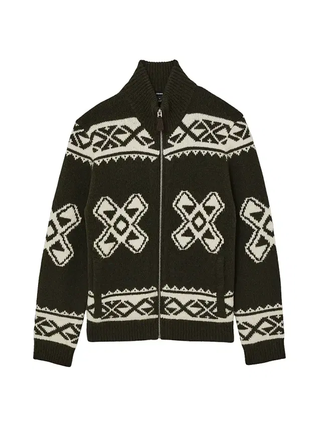 Reiss Men's Hans Fair Isle-Inspired Full-Zip Sweater - Forest Green