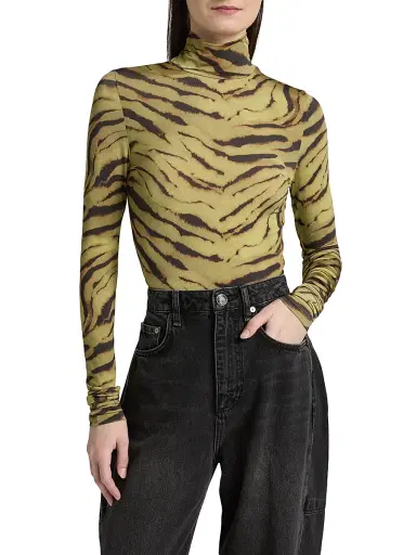 Ganni Women's Tiger-Stripe Jersey Turtleneck Top - Khaki | Thumbnail 3