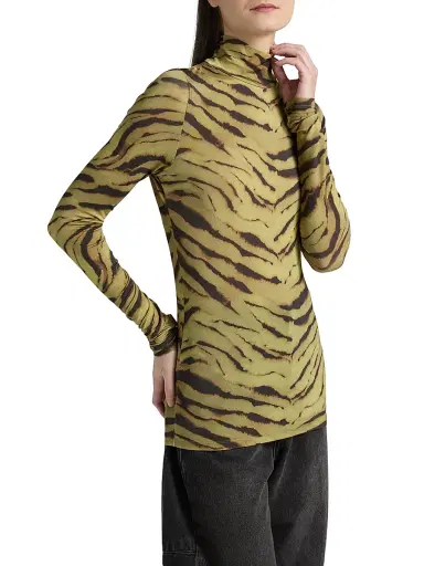 Ganni Women's Tiger-Stripe Jersey Turtleneck Top - Khaki | Thumbnail 4