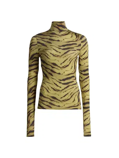 Ganni Women's Tiger-Stripe Jersey Turtleneck Top - Khaki | Thumbnail 1