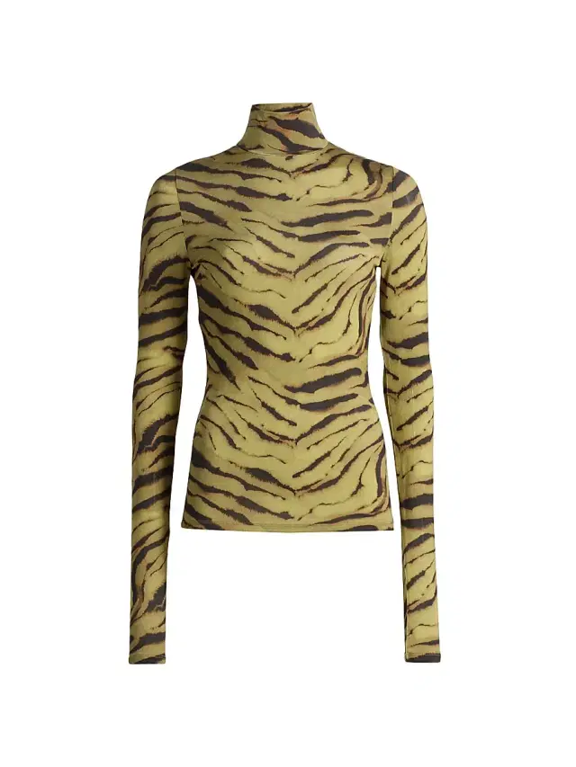 Ganni Women's Tiger-Stripe Jersey Turtleneck Top - Khaki