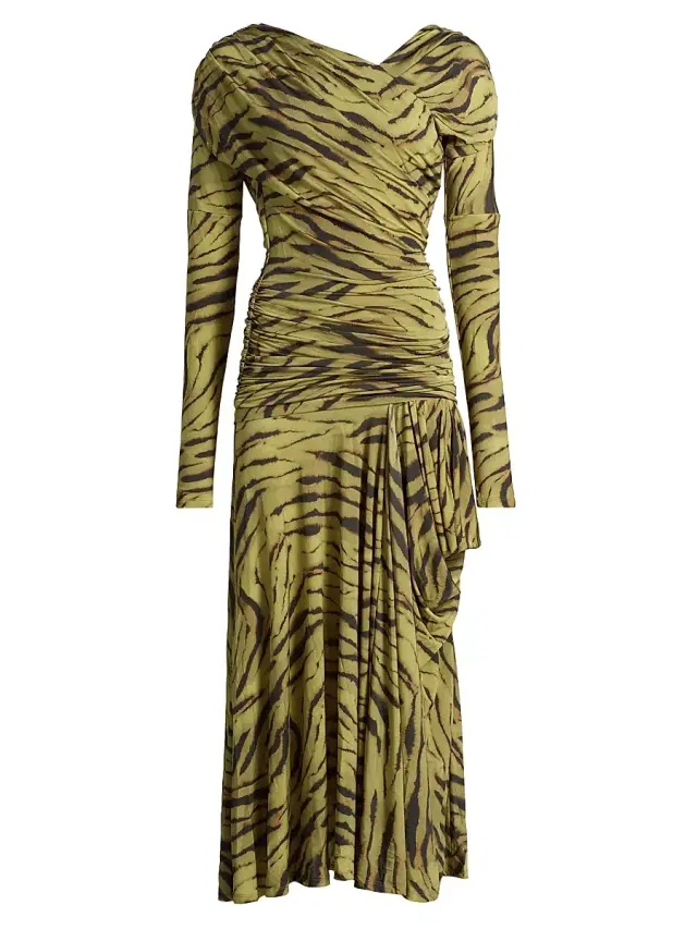 Ganni Women's Zebra-Print Ruched Dress - Khaki