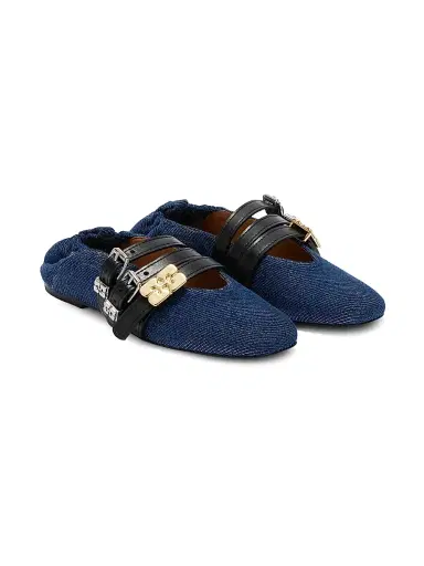 Ganni Women's Sue Triple-Strap Fringed Denim Ballet Flats - Dark Blue Vintage - Size 10 | Thumbnail 2