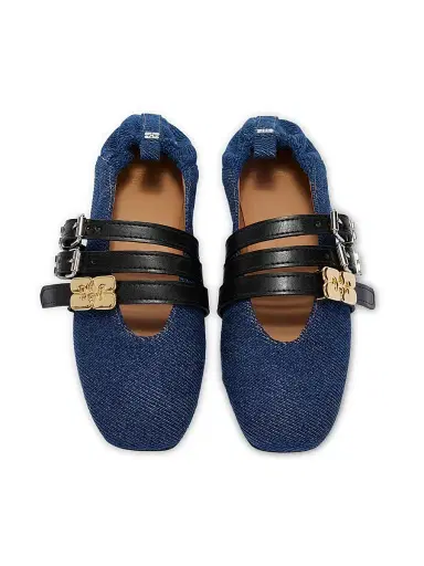 Ganni Women's Sue Triple-Strap Fringed Denim Ballet Flats - Dark Blue Vintage - Size 10 | Thumbnail 3
