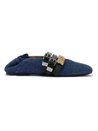 Ganni Women's Sue Triple-Strap Fringed Denim Ballet Flats - Dark Blue Vintage - Size 10 | Thumbnail 1
