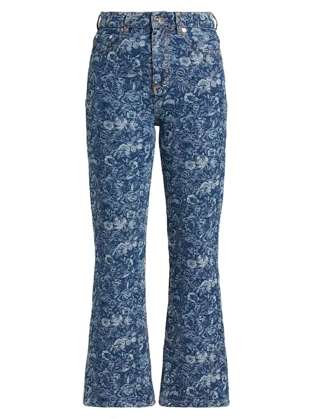 Ganni Women's Betzy Tapestry Floral Crop Jeans - Mid Blue Stone