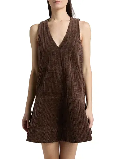 Ganni Women's Seersucker Corduroy V-Neck Minidress - Chicory Coffee | Thumbnail 3