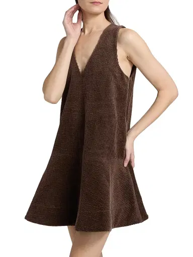 Ganni Women's Seersucker Corduroy V-Neck Minidress - Chicory Coffee | Thumbnail 4