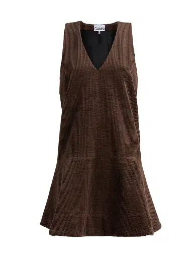 Ganni Women's Seersucker Corduroy V-Neck Minidress - Chicory Coffee | Thumbnail 1