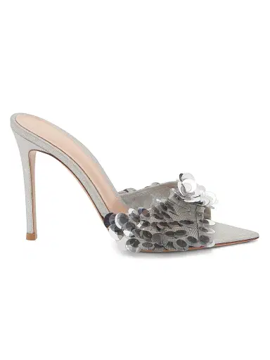 Gianvito Rossi Women's 85MM Pailette-Embellished Suede Stiletto Mules - Silver - Size 9.5 | Thumbnail 1 Gianvito Rossi Women's 85MM Pailette-Embellished Suede Stiletto Mules - Silver - Size 9.5 | Thumbnail 1