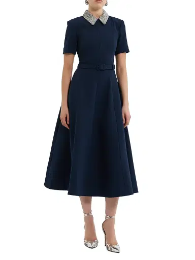 Rebecca Vallance Women's Xena Embellished Stretch-Crepe Belted Midi-Dress - Navy - Size 14 | Thumbnail 1 Rebecca Vallance Women's Xena Embellished Stretch-Crepe Belted Midi-Dress - Navy - Size 14 | Thumbnail 1