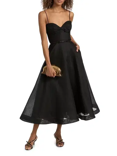 Zimmermann Women's Luna Tie-Waist Linen-Silk A-Line Midi-Dress - Black | Thumbnail 2 Zimmermann Women's Luna Tie-Waist Linen-Silk A-Line Midi-Dress - Black | Thumbnail 2