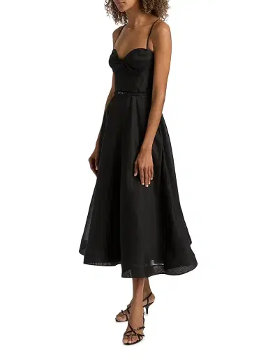 Zimmermann Women's Luna Tie-Waist Linen-Silk A-Line Midi-Dress - Black | Thumbnail 4 Zimmermann Women's Luna Tie-Waist Linen-Silk A-Line Midi-Dress - Black | Thumbnail 4