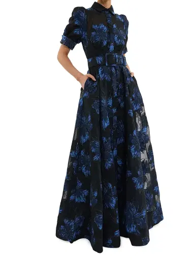 Rebecca Vallance Women's Alexandra Floral Brocade Shirt Gown - Navy | Thumbnail 2