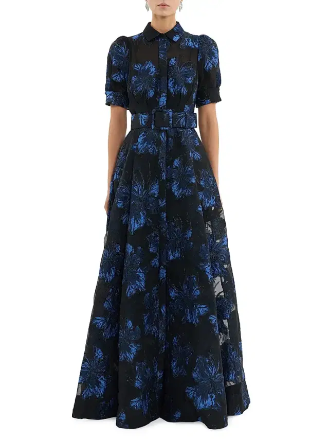 Women's Alexandra Floral Brocade Shirt Gown - Navy
