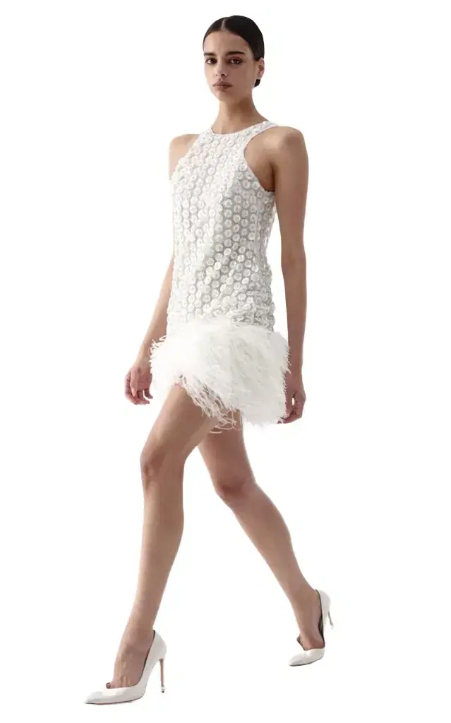 The New Arrivals Ilkyaz Ozel Bixi Feathered Mini Dress