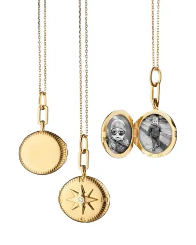 Monica Rich Kosann Gold Round Compass Locket w/ Center White Diamond On A 17 Diamond Cut Disappearing Chain w/ Loop At 16 | Thumbnail 1