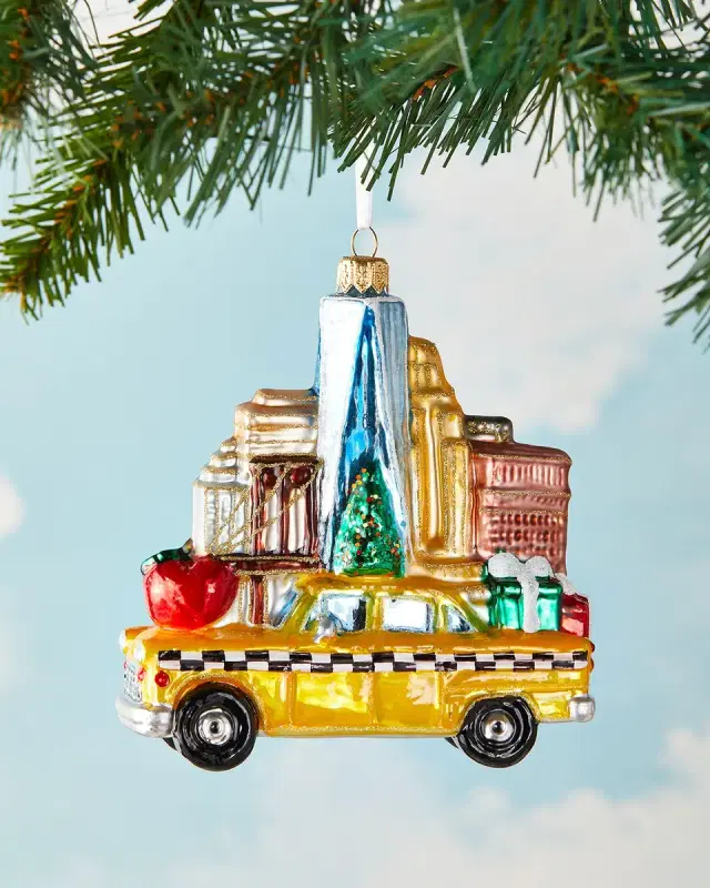 Exclusive NYC Taxi With Buildings Christmas Ornament