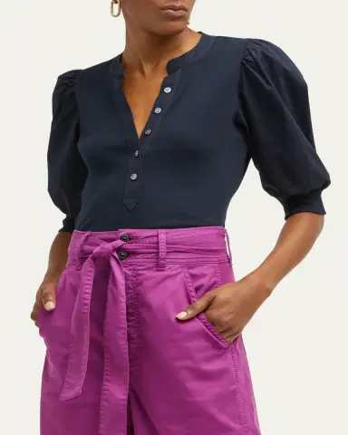 Veronica Beard Coralee Puff Sleeve Button-Front Top | Thumbnail 4