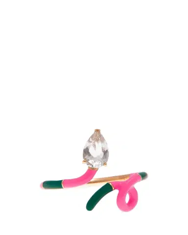 Bea Bongiasca Drop-Cut Rock Crystal Duo Colored Ring in Evergreen and Bubble Gum Pink Enamel | Thumbnail 1 Bea Bongiasca Drop-Cut Rock Crystal Duo Colored Ring in Evergreen and Bubble Gum Pink Enamel | Thumbnail 1
