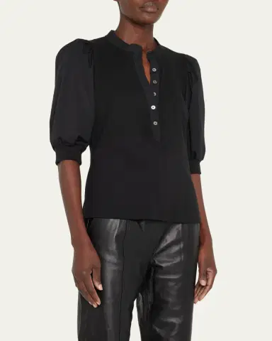 Veronica Beard Coralee Puff Sleeve Button-Front Top | Thumbnail 4