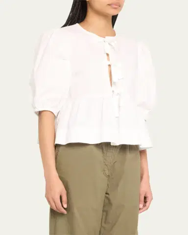 Ganni Poplin Front-Tie Peplum Blouse with Puffed-Sleeves | Thumbnail 3 Ganni Poplin Front-Tie Peplum Blouse with Puffed-Sleeves | Thumbnail 3