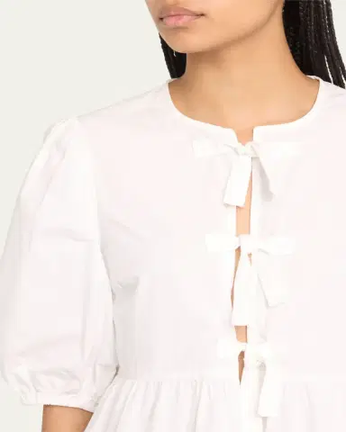 Ganni Poplin Front-Tie Peplum Blouse with Puffed-Sleeves | Thumbnail 4 Ganni Poplin Front-Tie Peplum Blouse with Puffed-Sleeves | Thumbnail 4
