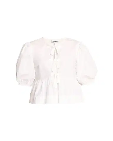 Ganni Poplin Front-Tie Peplum Blouse with Puffed-Sleeves | Thumbnail 1 Ganni Poplin Front-Tie Peplum Blouse with Puffed-Sleeves | Thumbnail 1