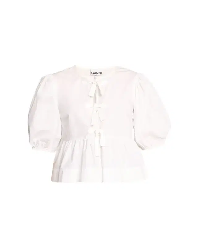 Poplin Front-Tie Peplum Blouse with Puffed-Sleeves