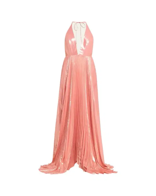 ALICE + OLIVIA Adalyn Pleated Metallic Halter Maxi Dress