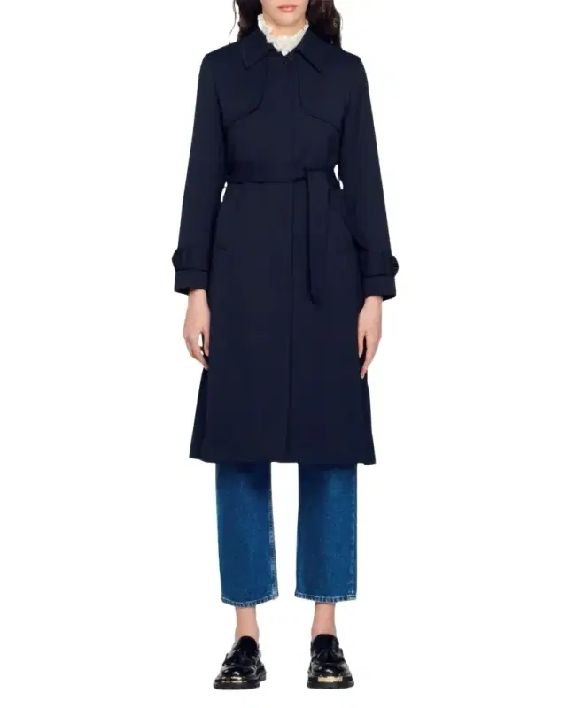 Sandro Navy Pleated-Back Belted Trench Coat
