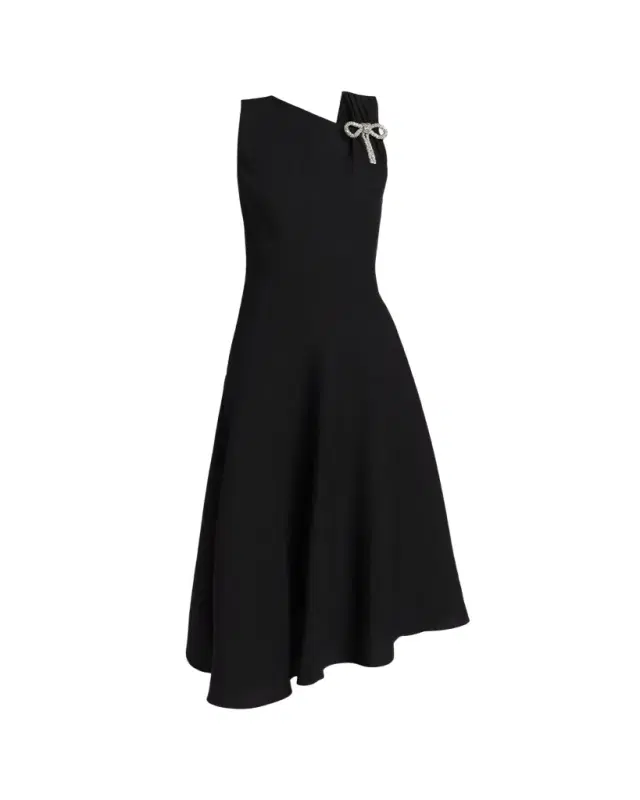 Asymmetric Bow-Shoulder Satin Midi Dress