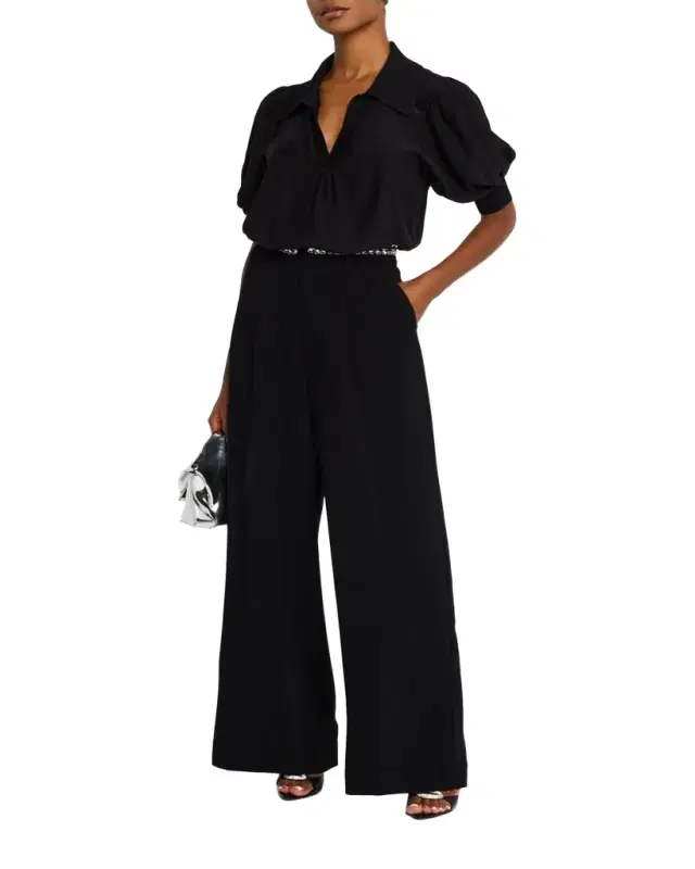 Cinq à Sept Weldon Collared V-Neck Short-Sleeve Silk Combo Top